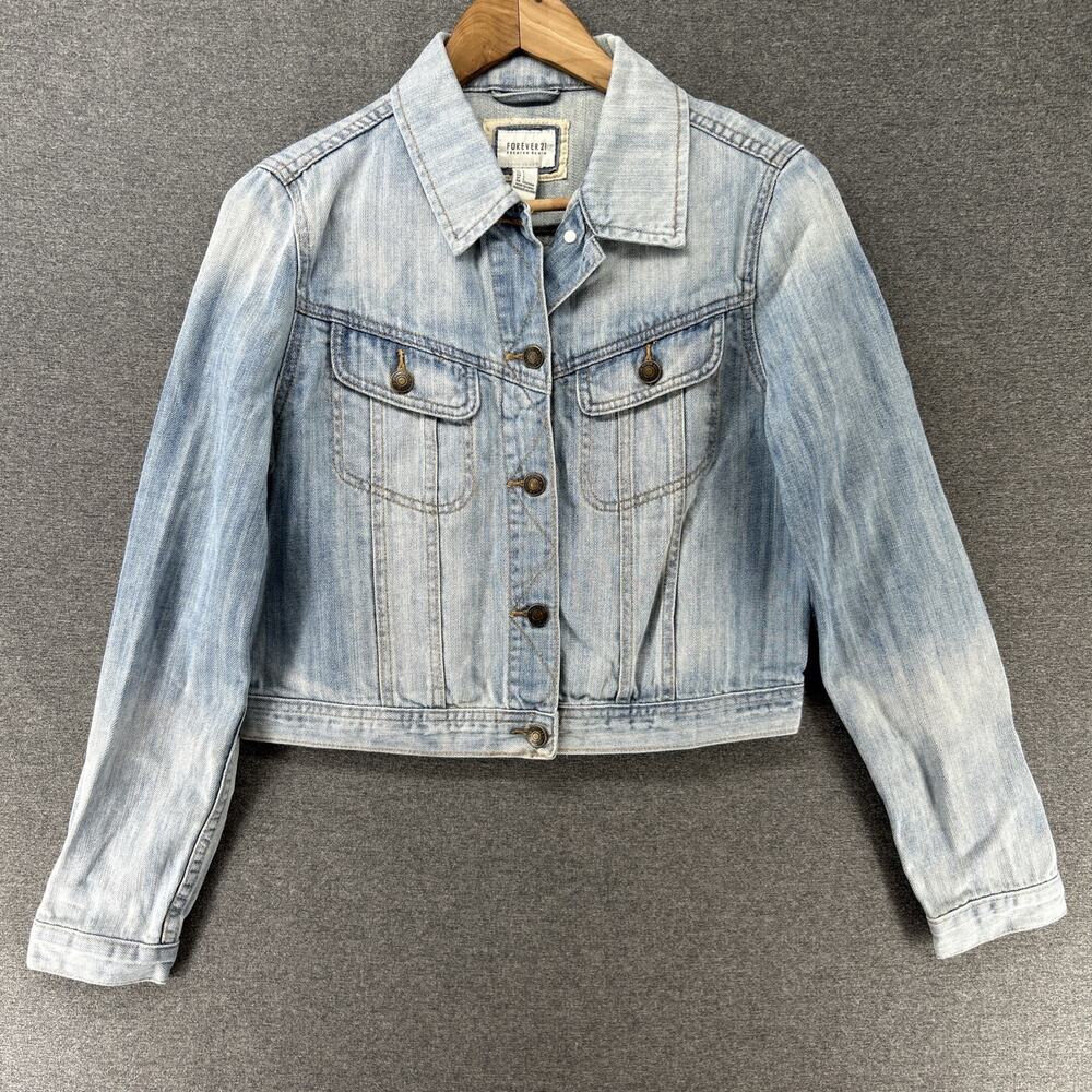 Forever 21 Denim Jacket Women's Size Large Light Wash Button Front Casual Cotton